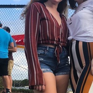 red, white, and black striped flowy cropped top